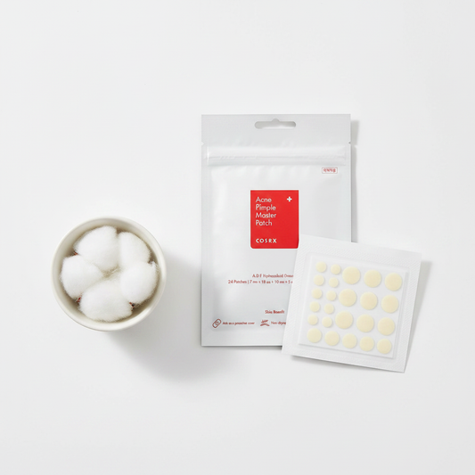 COSRX Acne Pimple Master Patch lifestyle flat lay on clean white surface