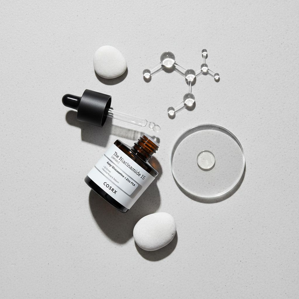 COSRX Niacinamide 15% + Zinc 1% Serum lifestyle flat lay on grey surface with white pebbles