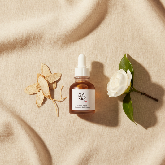 Beauty of Joseon Revive Serum Ginseng + Snail Mucin lifestyle flat lay on warm linen with ginseng root
